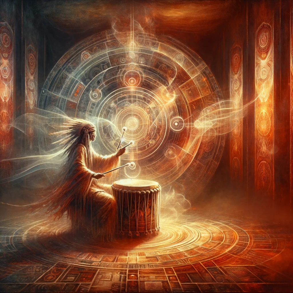 DALL·E 2024-02-16 10.31.16 - Envision a scene that intertwines the essence of spirituality and the rhythm of drumming, portrayed with a shamanic touch. The setting is bathed in mu