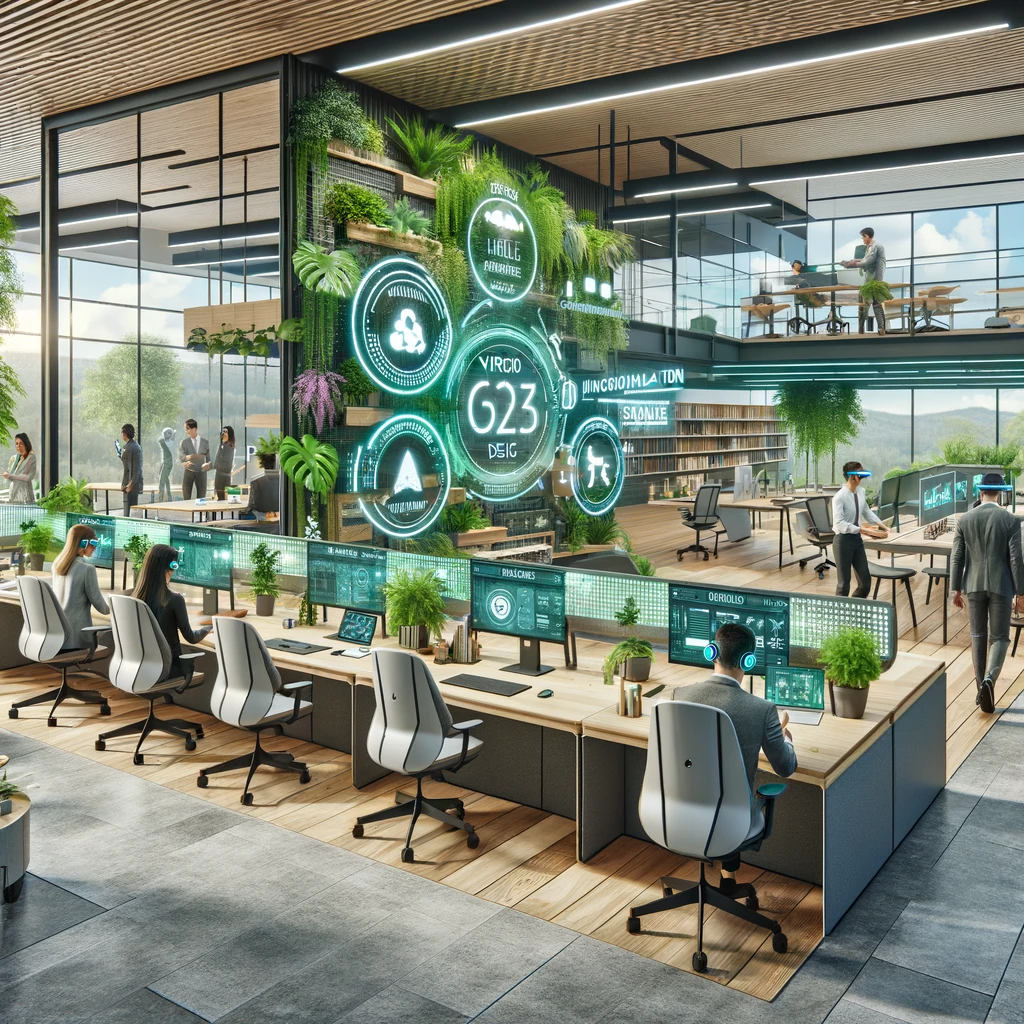 DALL·E 2024-05-16 16.27.54 - A futuristic office space in 2035 combining eco-friendly design, virtual design and augmented reality integration, hybrid workspace solutions, and cus