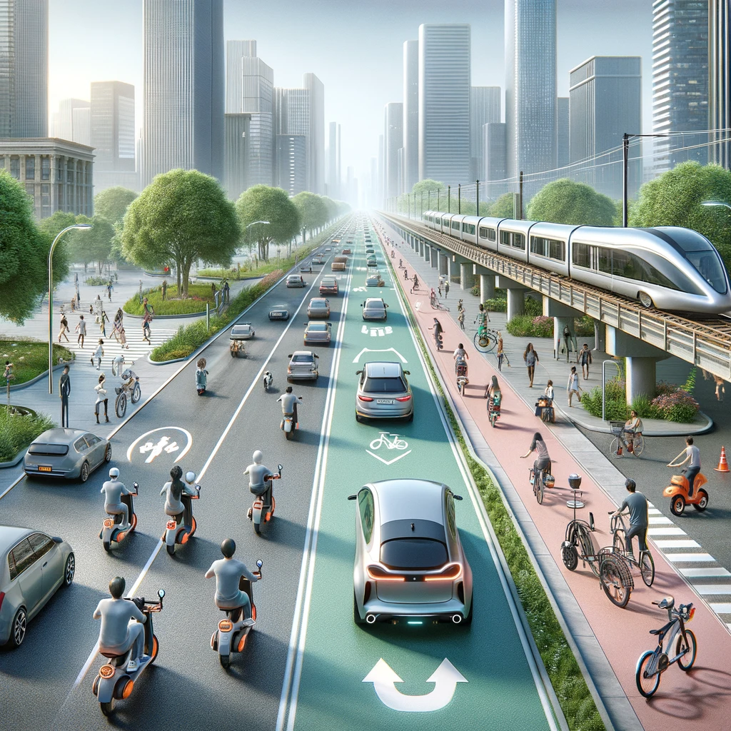 DALL·E 2024-05-16 19.24.42 - The future of transportation in 2035 with dedicated bike lanes and a few cars in separate lanes. The streets are filled with electric bikes and e-scoo