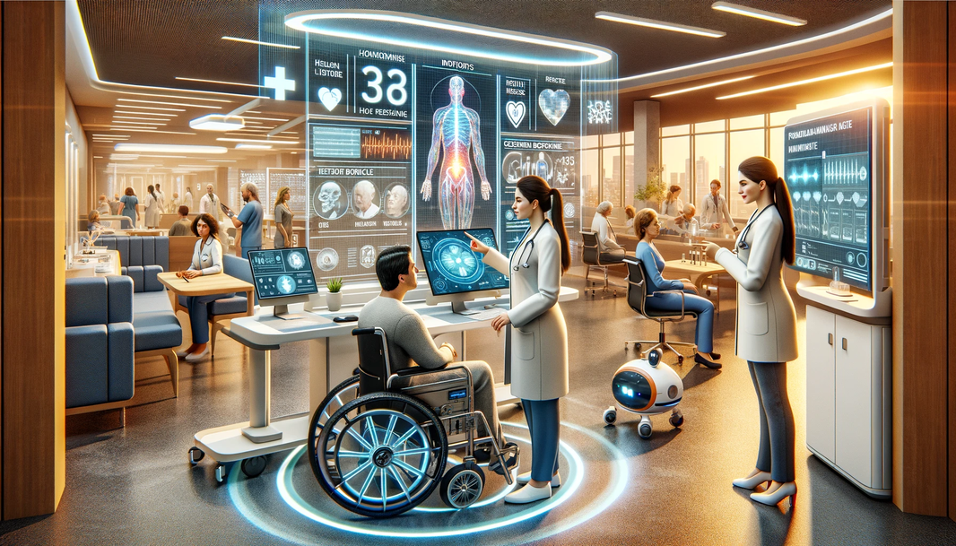 DALL·E 2024-05-16 19.33.52 - The future of medical care in 2035 in a hospital environment, with a less clinical and more welcoming atmosphere. A modern healthcare facility feature