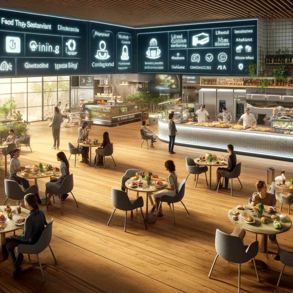 DALL·E 2024-05-16 19.48.44 - The future of the food service industry in 2035 features a highly advanced and sustainable environment with a solid wood floor. The setting includes a