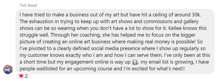 screen capture of a recomendation for Kellee's Program