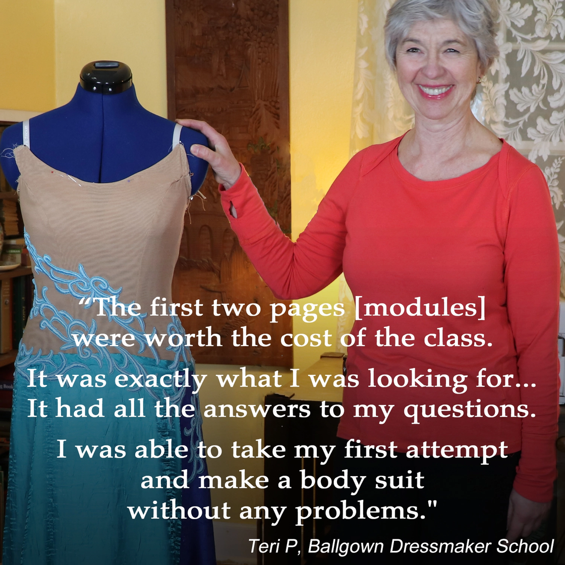 Worth-the-money-to-enroll-in-online-sewing-school-how-to-make-ballroom-dance-dresses-Teri-P-testimonial-1-leotard-lace-appliques-body-suit
