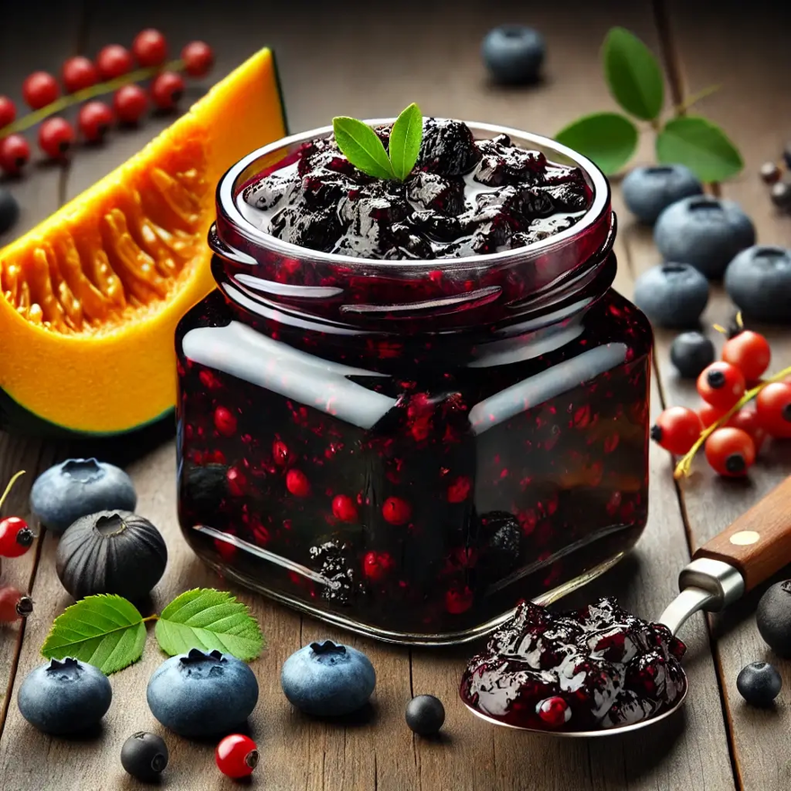 DALL·E 2024-09-24 08.29.37 - A realistic image of a homemade chutney made with wild berries and Hokkaido squash, showing a dark, glossy, thick consistency in a glass jar. The chut (1)