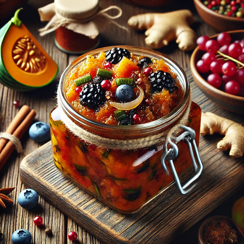 DALL·E 2024-09-25 07.30.19 - A close-up image of a jar of homemade chutney, featuring vibrant ingredients like berries, Hokkaido squash, onions, and spices. The chutney has a rich