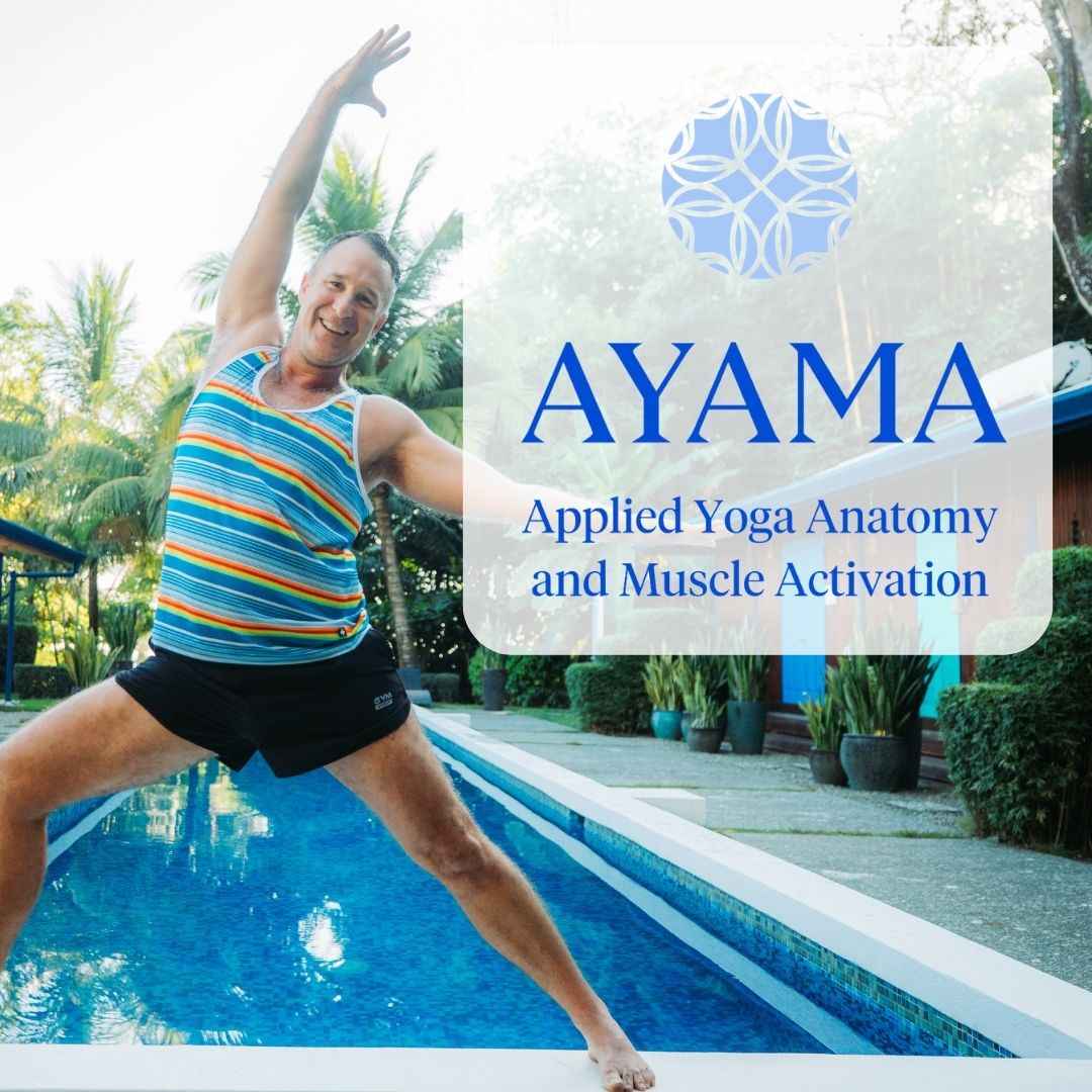 Yogi Aaron at the Pool Deck at Blue Osa Yoga Retreat & Spa doing Warrior 2 to promote AYAMA Training