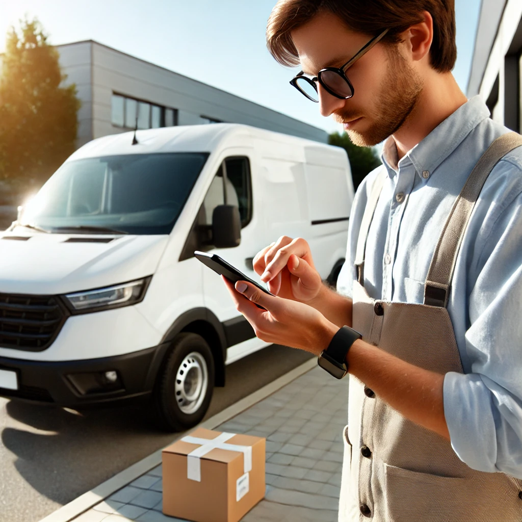 DALL·E 2024-10-09 12.53.06 - A person renting a cargo van. The individual is using a mobile app to complete the booking process while standing near a clean, modern cargo van. The 