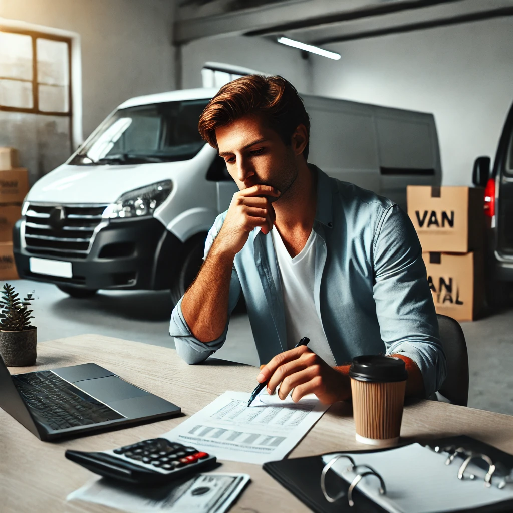 DALL·E 2024-10-09 18.26.53 - A man sitting at a desk, thoughtfully considering a budget for his van rental business. He is surrounded by papers, a laptop, and a calculator, appear