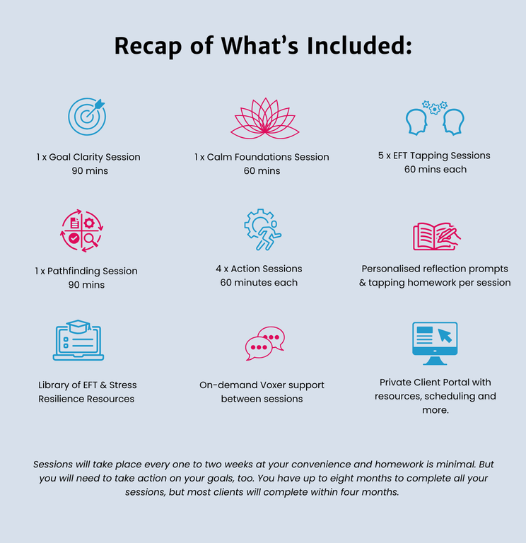 Diagram showing all nine elements of programme including: goal clarity, calm foundations, eft tapping, pathfinding, action sessions, journal prompts, resource library, voxer, private client portal.