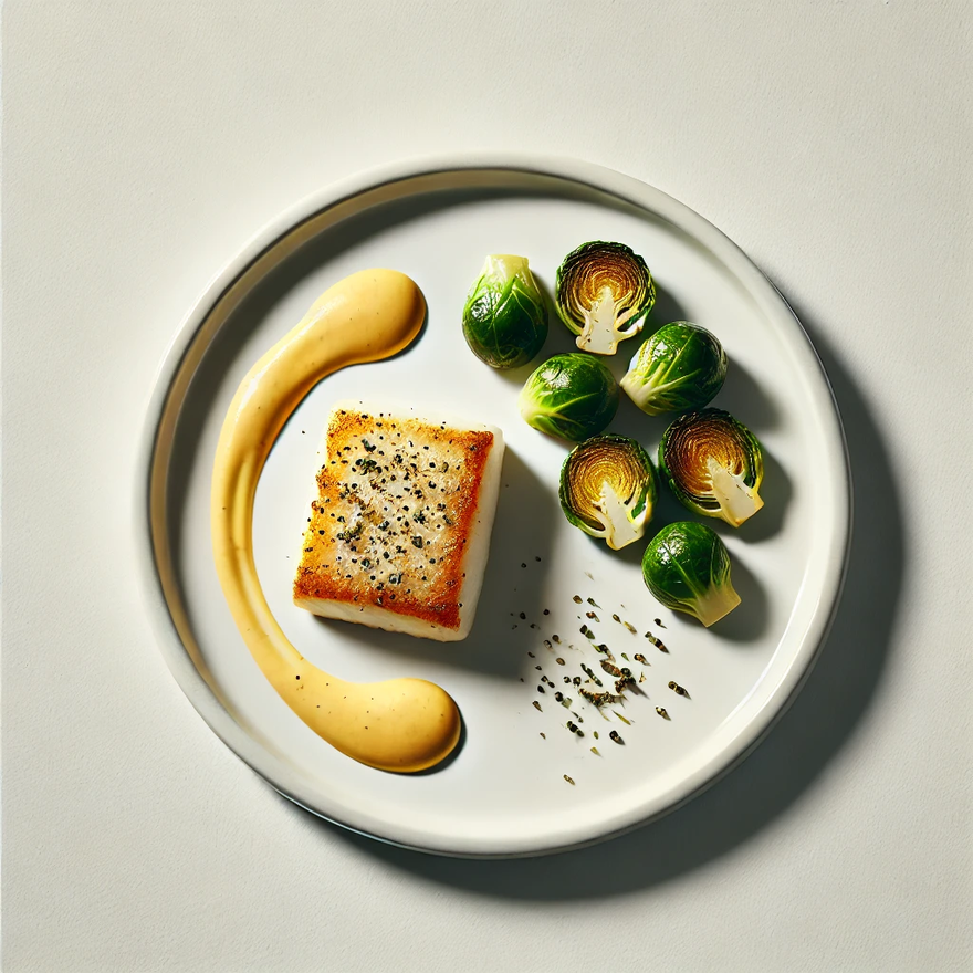 DALL·E 2024-10-14 21.07.21 - A clean, simple plate featuring a baked cod fillet, served with roasted Brussels sprouts and a rich hollandaise sauce. The cod is seasoned with salt a