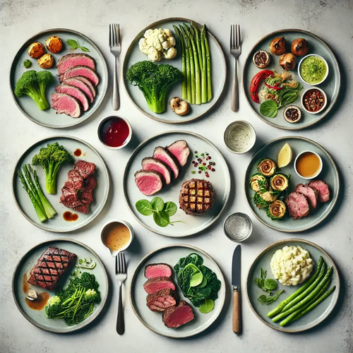 DALL·E 2024-10-19 20.21.57 - A top-down view of a dinner table with seven Nordic-inspired ketogenic dishes, each with three components on the plate_ a protein, a vegetable, and a  (1)