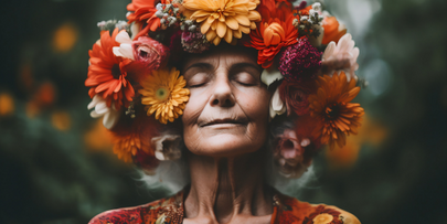 Older woman with a bunch of flowers on top of her head