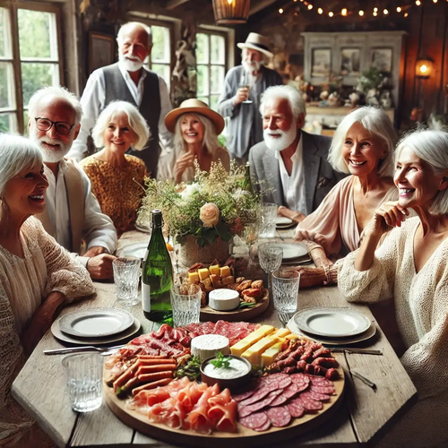 DALL·E 2024-10-21 21.02.57 - A warm and lively scene of a group of beautiful elderly Nordic people gathered around a table, enjoying good company. The table is filled with a large (1)