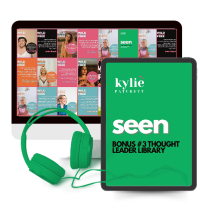 A monitor with images and quotes from the Wild + Finally Fcking Free Podcast, green phones, and an iPad with the SEEN product image