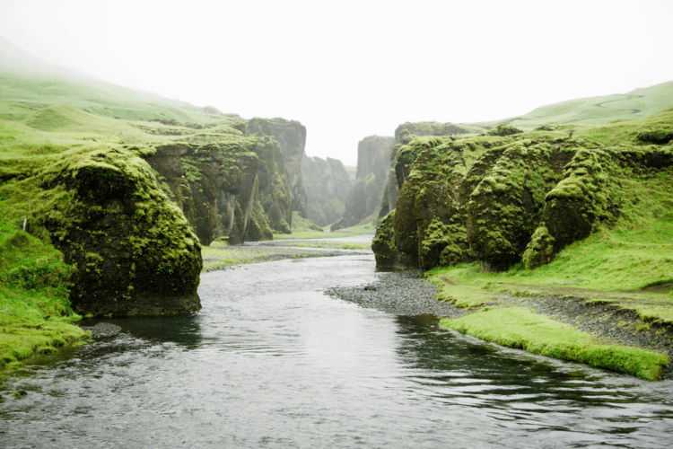 river between misty green mountains