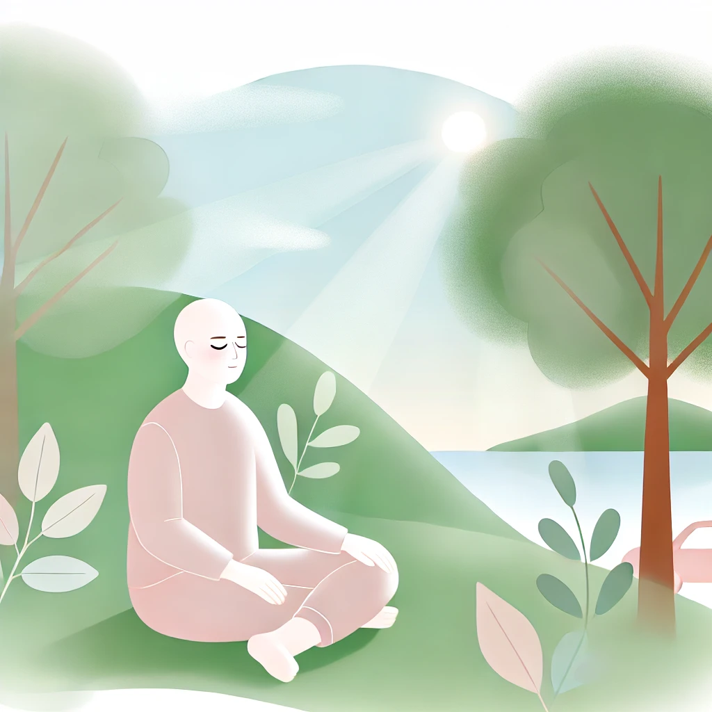 DALL·E 2024-11-01 09.27.58 - A serene scene depicting mindfulness and presence. A person sitting calmly in a natural setting, perhaps on soft grass or a gentle hillside, with eyes