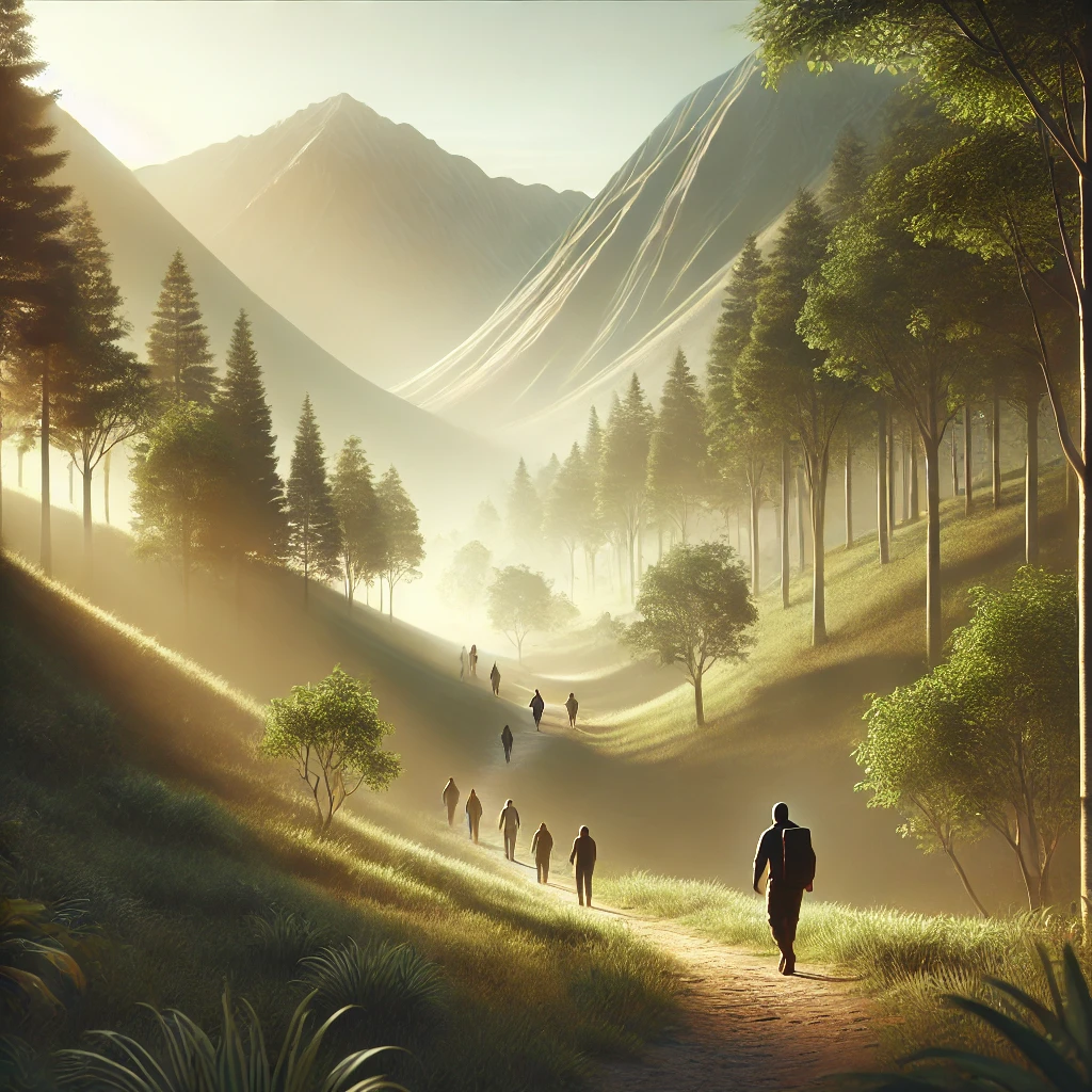 DALL·E 2024-11-04 15.57.54 - A realistic and natural-looking illustration representing leadership without using high mountains. Depict a serene forest path with trees and gentle s