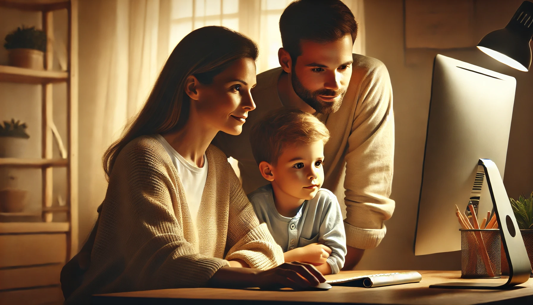 DALL·E 2024-11-06 16.57.44 - A warm, inviting image of a family of three gathered around a computer screen. The mother sits in front of the computer, focused, while the father and