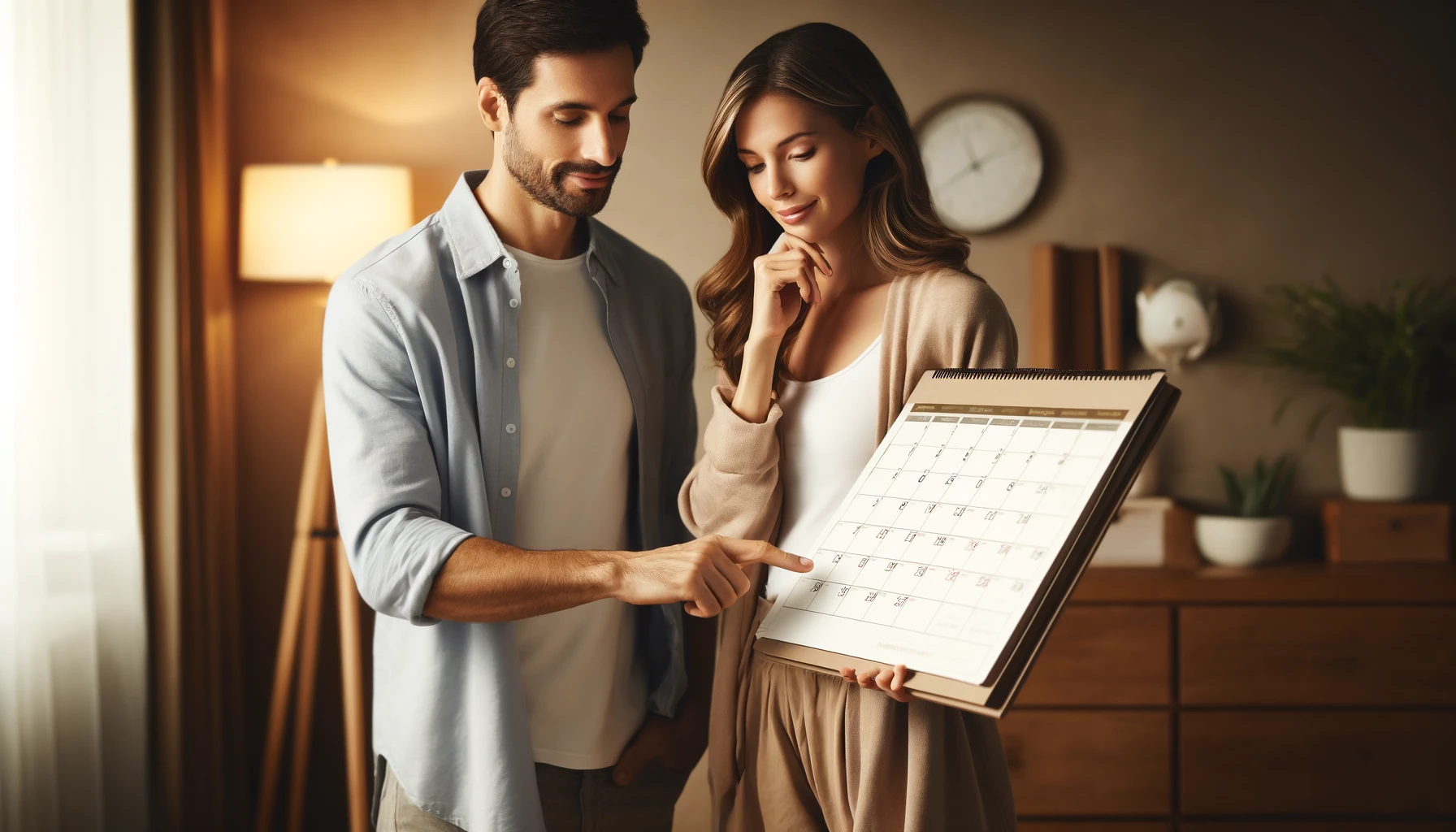 DALL·E 2024-11-06 17.00.43 - An inviting, casual image of a husband and wife standing together, discussing a wall calendar. The husband is pointing at the calendar, while the wife