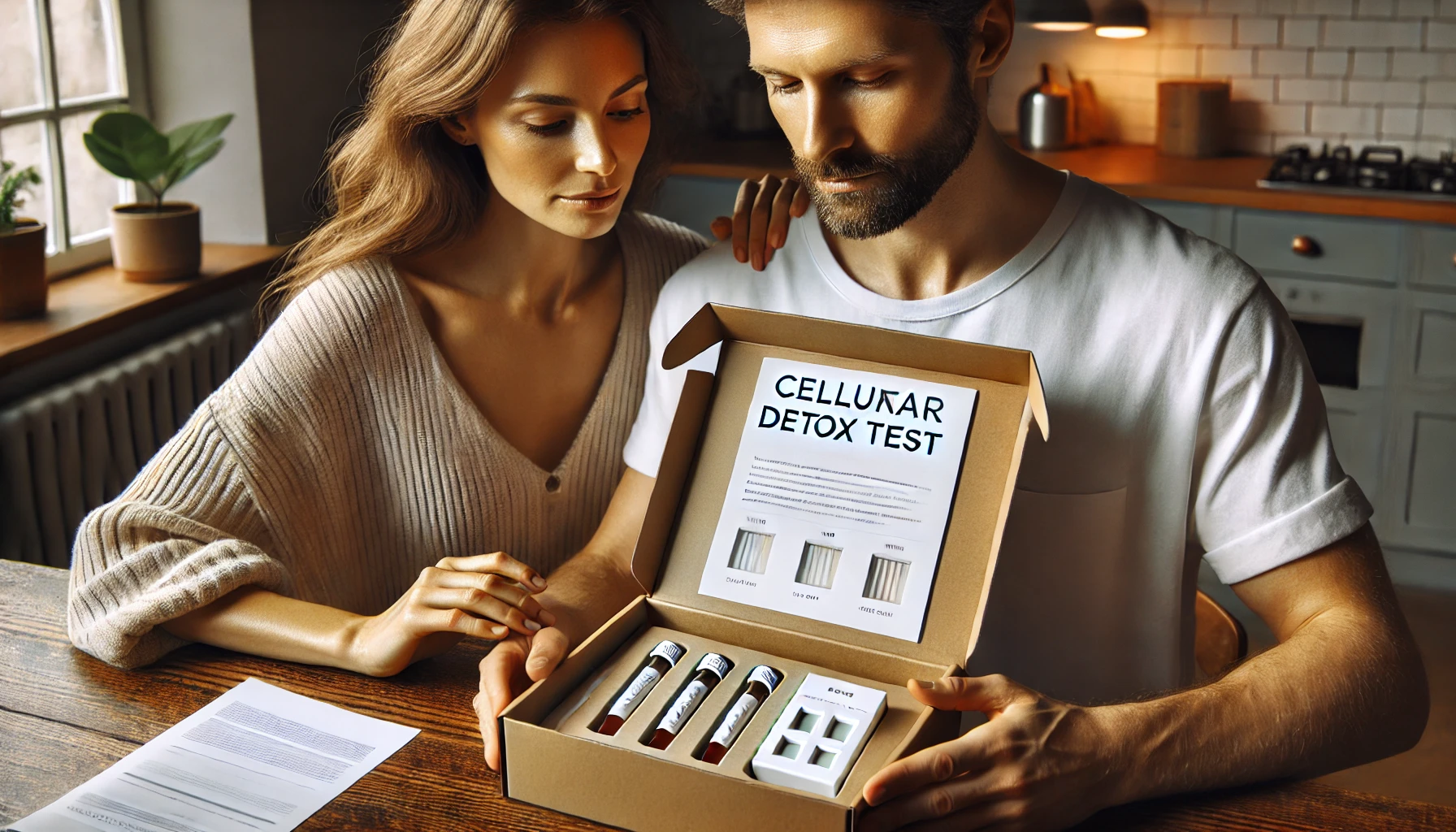 DALL·E 2024-11-06 17.03.57 - An inviting image of a husband and wife looking over an opened box containing two small test tubes and paper instructions for a cellular detox test. T