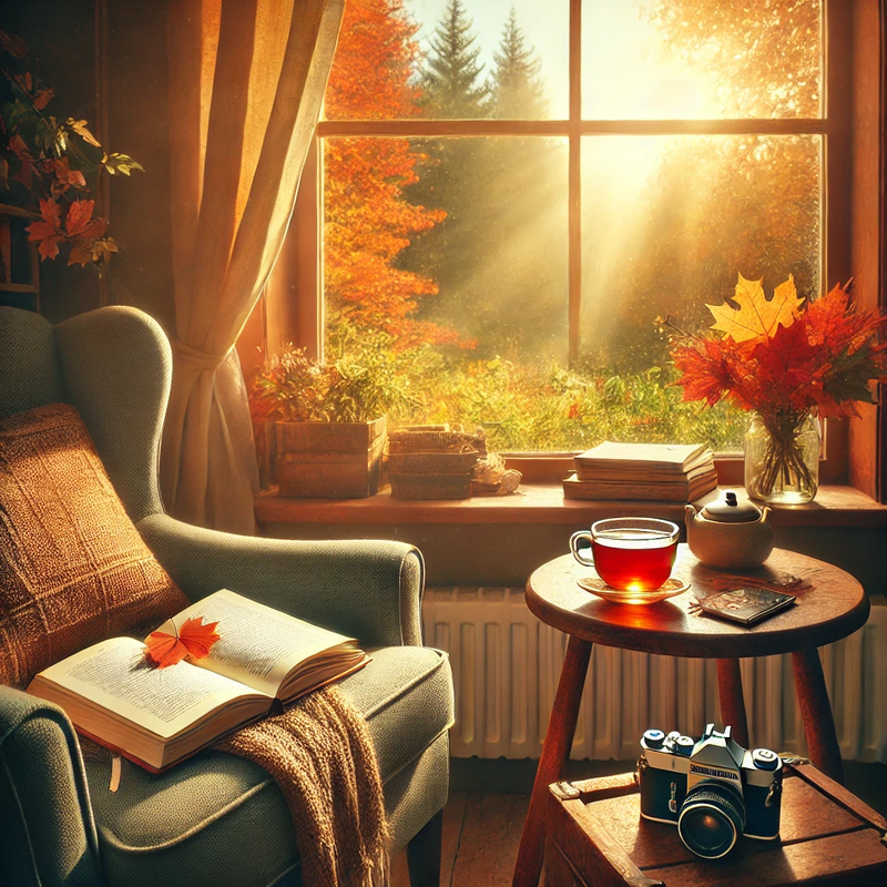 DALL·E 2024-11-09 12.00.34 - An inviting, warm-toned image depicting a cozy reading scene for a blog about well-being and joy in life. The setting includes a comfortable armchair 