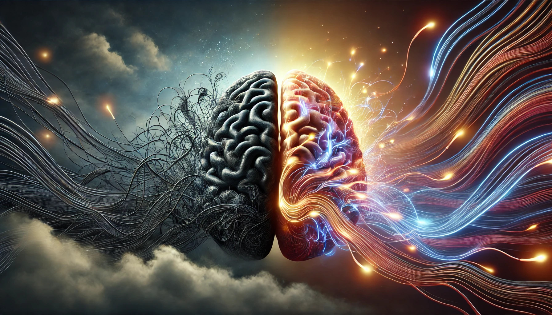 DALL·E 2024-10-21 11.28.36 - A surreal horizontal image of a brain being rewired, with a clear contrast between two halves. The left side is heavy, dark, and tangled, representing