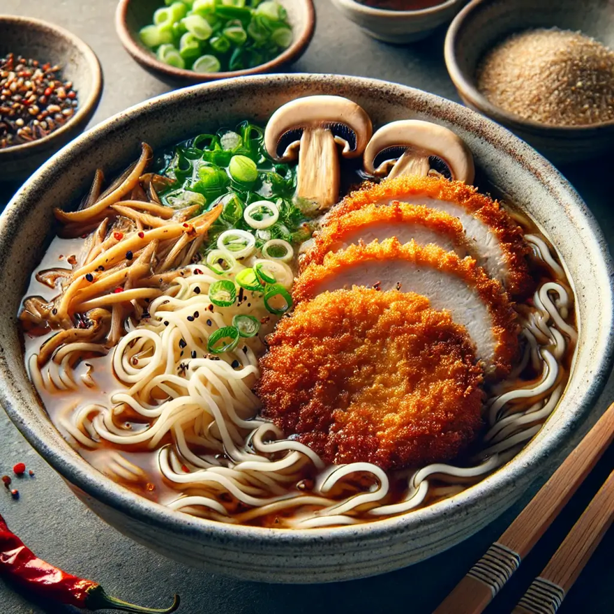 DALL·E 2024-11-12 19.08.43 - A Japanese-inspired noodle bowl with Tonkatsu ramen. The image shows a large bowl filled with a rich, steaming broth, tender vermicelli noodles, and t (1)