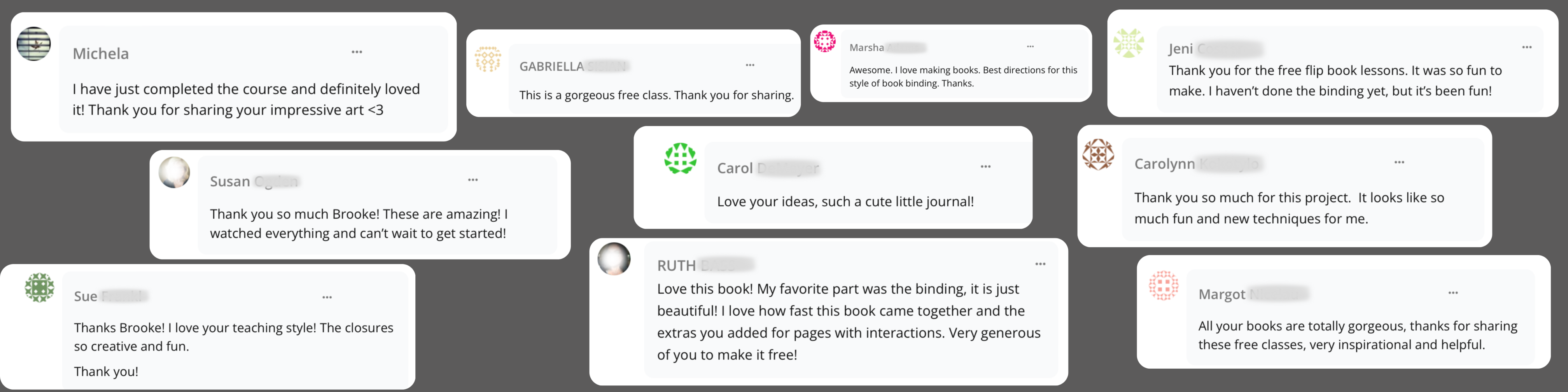 Fringe Flip Book Testimonials (blurred last names)