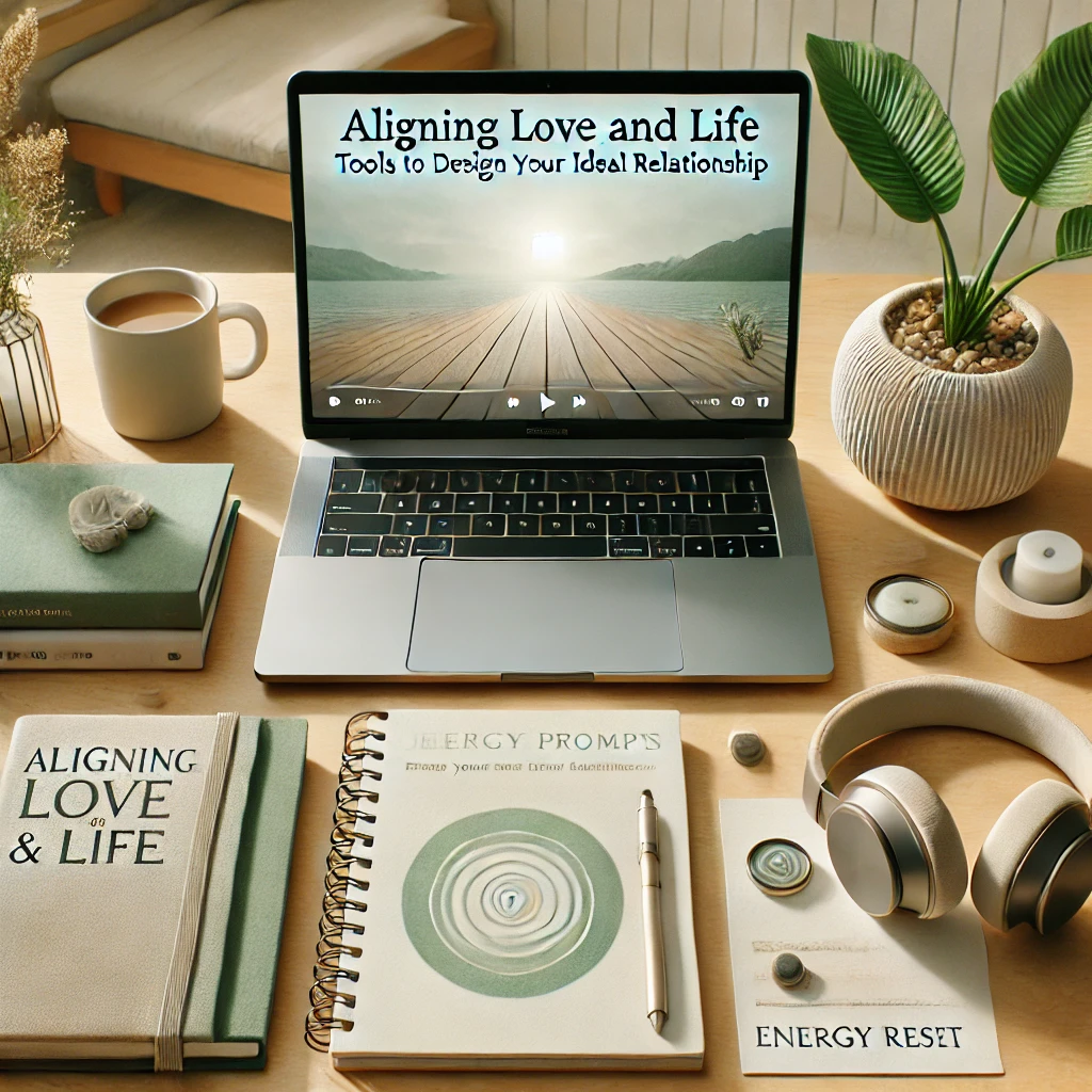 DALL·E 2024-11-16 22.05.37 - A minimalistic and calming mockup representing 'Aligning Love and Life_ Tools to Design Your Ideal Relationship.' The setup features a sleek laptop di