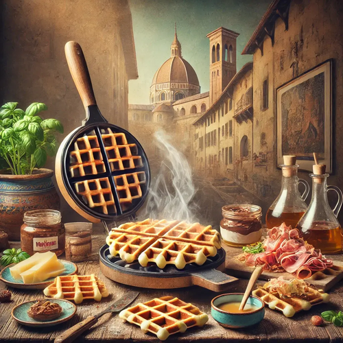 DALL·E 2024-11-19 10.05.48 - A visually appealing scene of traditional Italian Gofri being prepared and served. The setting features a rustic wooden kitchen table with a classic w (1)