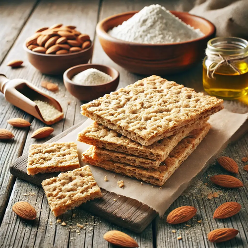 DALL·E 2024-11-20 11.24.57 - A visually appealing image of homemade crispbread made with almond flour and xanthan gum, displayed on a rustic wooden surface. The crispbread is gold (1)