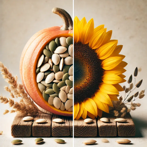 DALL·E 2024-11-20 11.44.13 - A visually engaging image showing a split view_ on one side, pumpkin seeds displayed with a fresh pumpkin, and on the other side, sunflower seeds with (1)