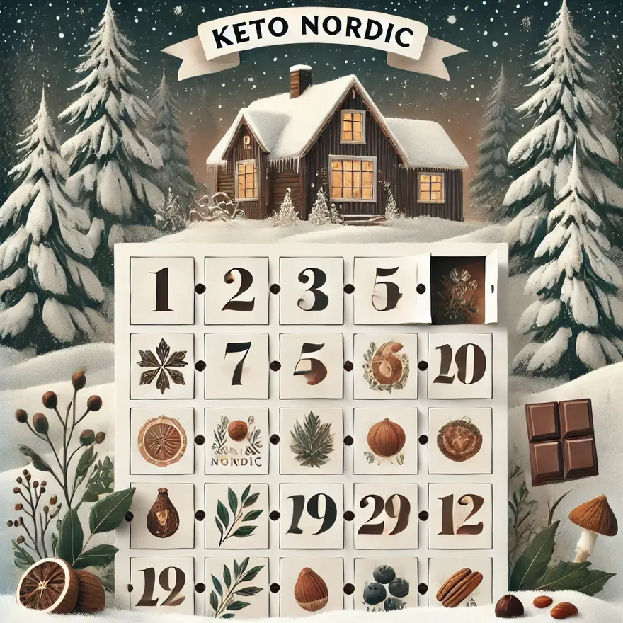 DALL·E 2024-11-26 08.08.59 - A festive and minimalistic design of a Christmas calendar themed for KETO Nordic, featuring a wintry Nordic setting with snow-covered trees and a cozy (1)