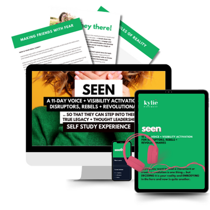 SEEN workbook sample pages + a monitor and iPad with the seen banner