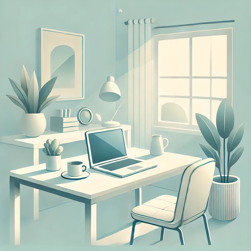 DALL·E 2024-12-03 17.37.55 - A clean and minimalistic illustration symbolizing work-life balance for remote workers. It features a simple home office setup with a laptop, a coffee