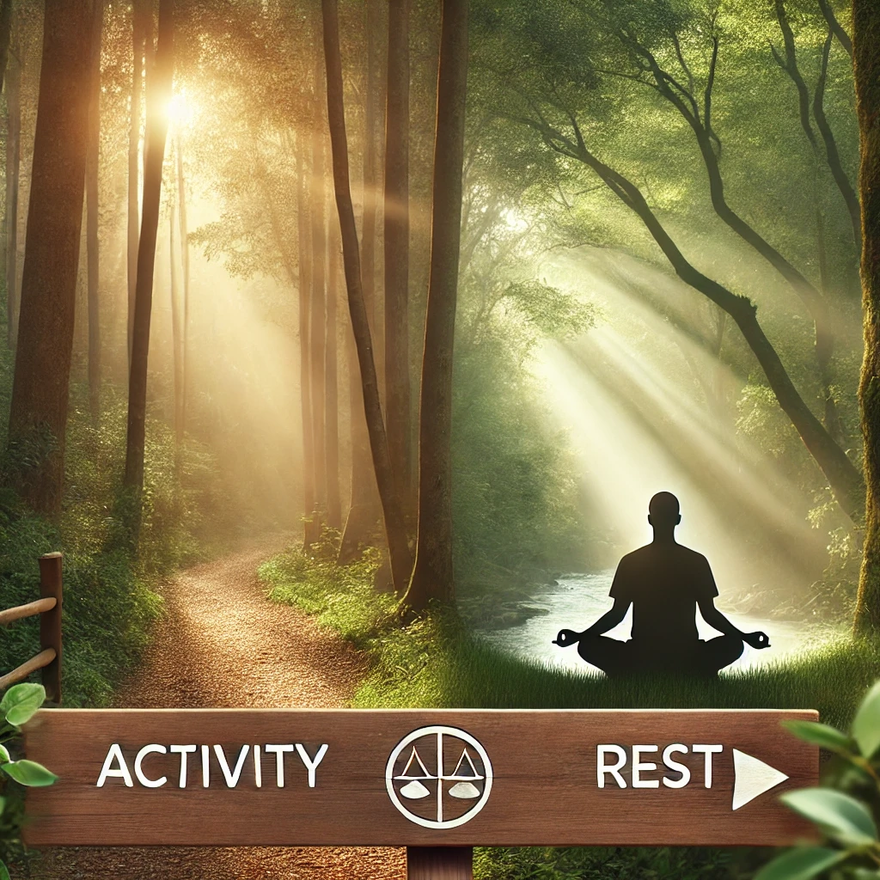 DALL·E 2024-12-04 10.08.45 - A serene natural scene illustrating the balance between activity and rest. The image features a tranquil forest with soft sunlight filtering through t