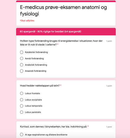 Eksempel på E-medicus-prøveeksamen i anatomi og fysiologi