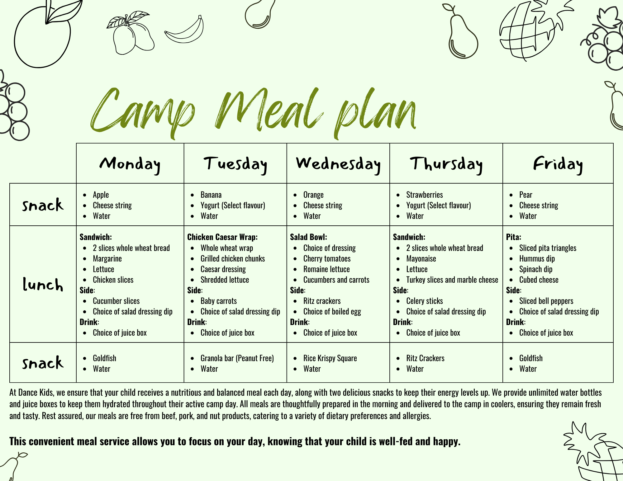 Camp  Meal Plan Menu