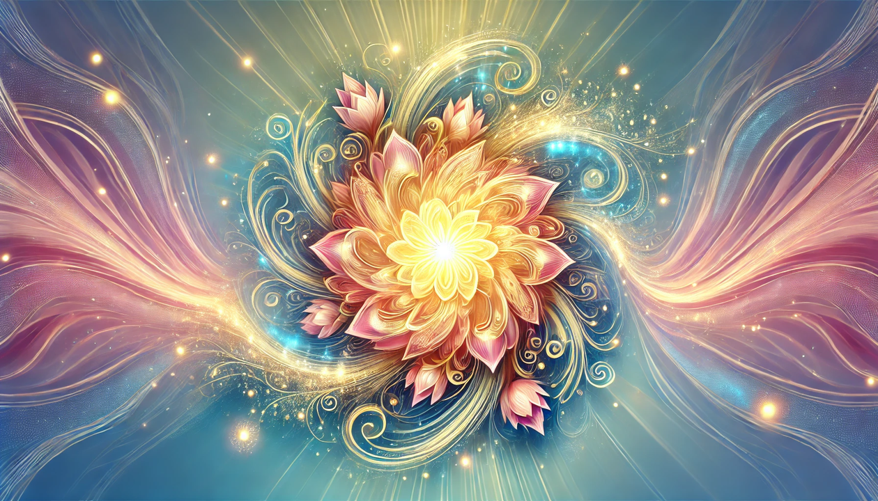 DALL·E 2024-12-30 18.45.36 - A vibrant digital illustration of 'gratitude energy,' symbolized by swirling, radiant patterns of golden and soft pink light emanating outward. The en