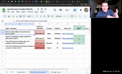 Basic way to track your best content -- the "Questions" tab in the Content Rhythm sheet