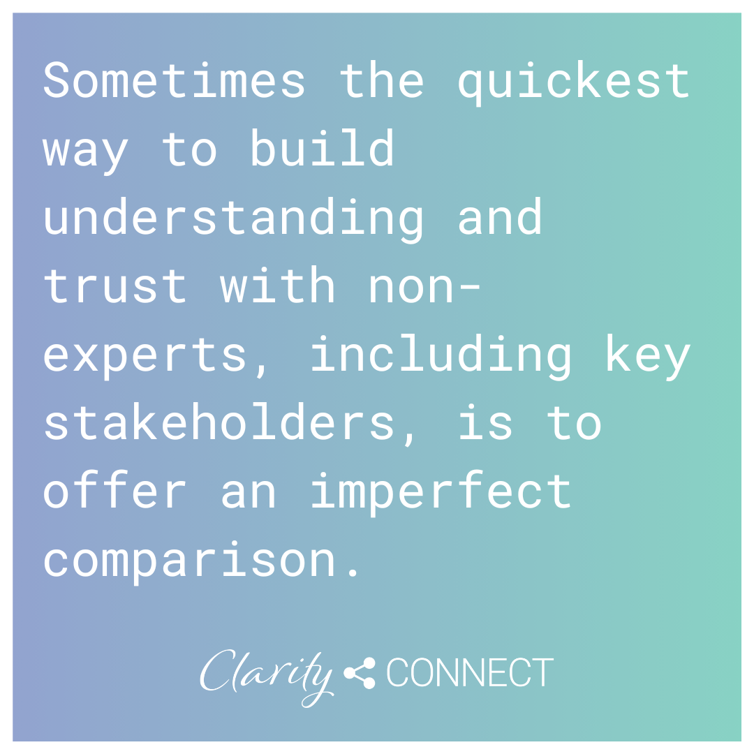 Sometimes the quickest way to build understanding and trust with non-experts, including key stakeholders, is to offer an imperfect comparison.