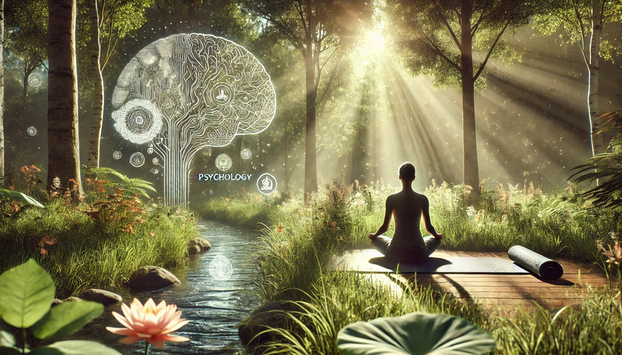 DALL·E 2025-01-30 11.57.38 - A photorealistic image depicting Yoga Psychology and Therapy in a serene outdoor setting. A peaceful individual sits in a meditative posture on a yoga