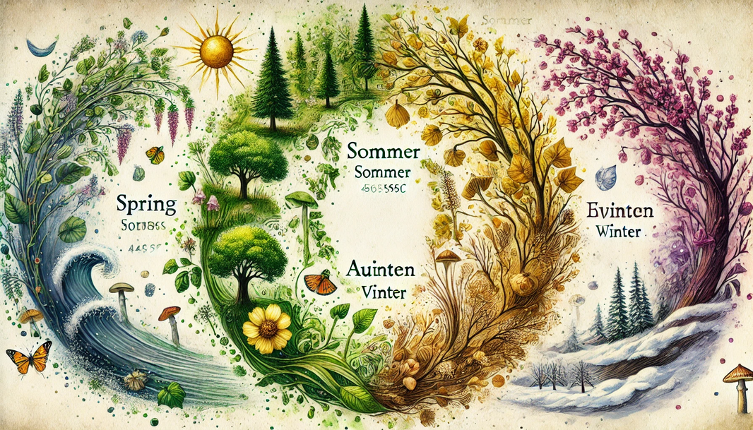 DALL·E 2025-04-07 18.31.22 - A watercolor-style artistic illustration of nature's cycle, in A4 landscape format, featuring a circular flow with seasonal elements in the order_ Spr