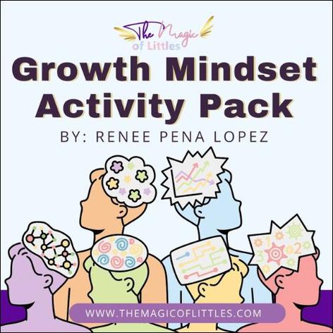 Product packaging for a "Growth Mindset Activity Pack" featuring cartoon illustrations of diverse heads, each with a different symbol representing thoughts or ideas.