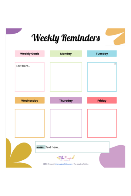 Colorful weekly reminders planner template for students or educators with sections for weekly goals and daily notes Monday to Friday