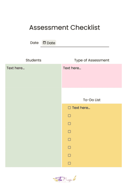 Printable assessment checklist template for educators with sections for students, assessment type, and a to-do list for tracking progress.
