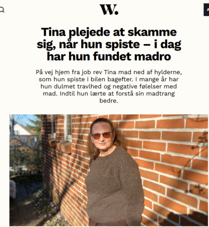 Tina, deltager på Vejen til Forandring, der har fundet madro efter år med overspisning og skam omkring spisning. Portræt fra Woman-artikel om hendes rejse til at forstå og håndtere sin madtrang i Mind First ved Lene Steinke