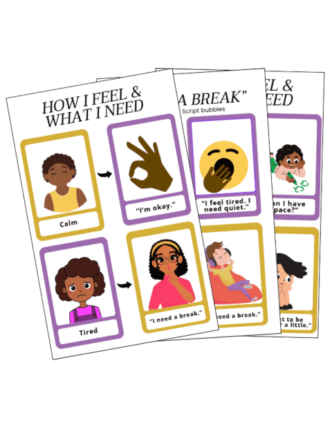 Educational tools to help children identify feelings and communicate their needs, such as 'I'm okay' or 'I need a break.