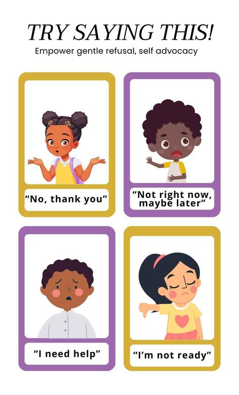 Visual communication cards for children to express 'I need a break,' with icons and script bubbles."
