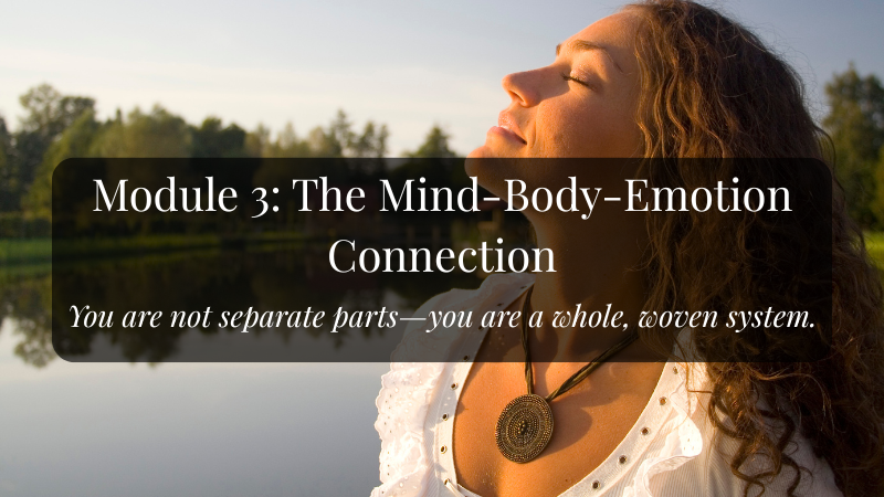 Natural golden light of a sunrise on a young woman's face. Her chin is lifted to the sky, her eyes are closed in calm and peace. She stands in front of a lake and wears a necklace that reminds us of a compass.